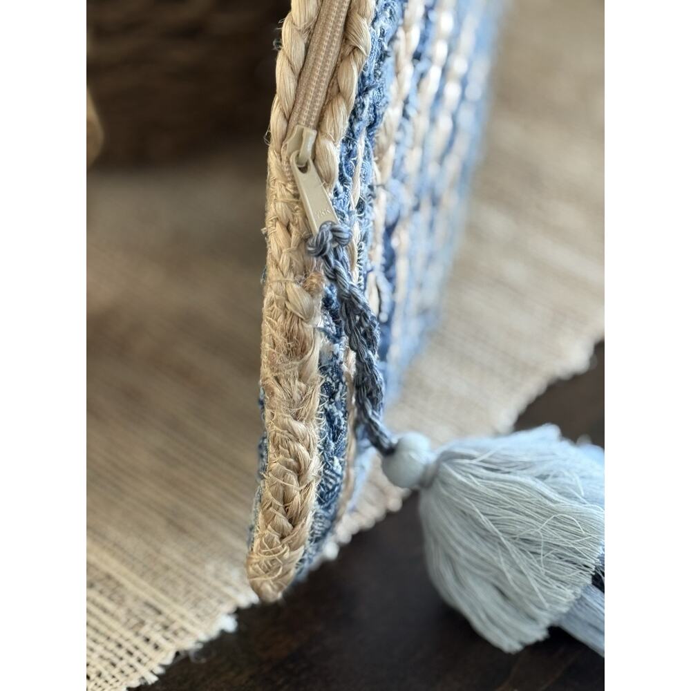 SHIRALEAH Chicago Jute/Cotton Crescent Burlap Blue/Tan Clutch Bag Vacation Beach - Picture 3 of 14